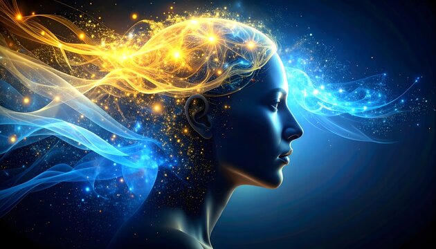 Perfil de rostro humano con corrientes abstractas de energ&iacute;a azul y dorada alrededor de la cabeza