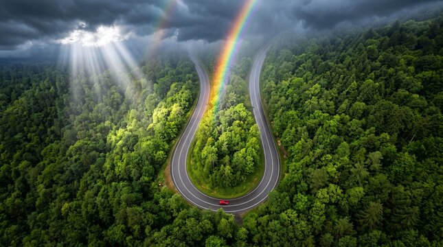 Cinematic winding forest road with vibrant rainbow. Aerial mountain highway through lush green trees. Dramatic storm clouds with sun rays.