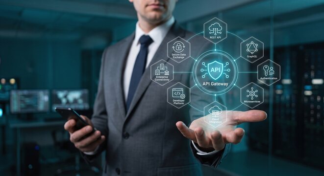 IT professional holding a holographic API gateway and secure data exchange integration dashboard.