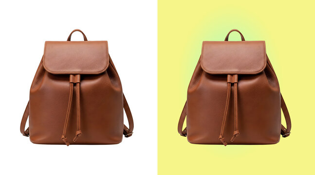 A classic brown leather backpack with a flap drawstring closure, and adjustable shoulder straps, viewed from the front on a white background isolated on a transparent background