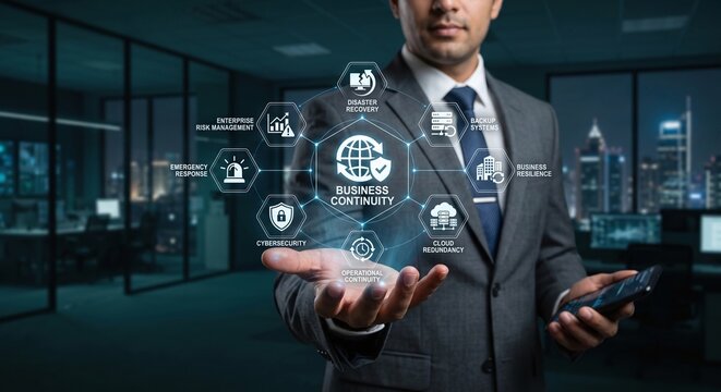 Corporate leader holding a holographic business continuity and disaster recovery security dashboard.
