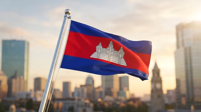 Cambodia national flag waving on flagpole against blurred urban city skyline at sunset golden hour