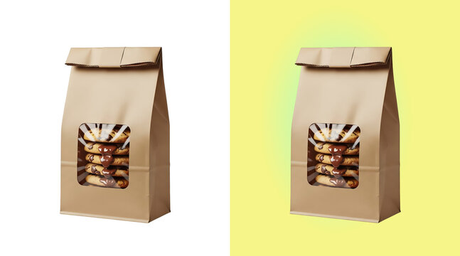 Brown paper stand-up pouch bag with a transparent window filled with chocolate chip cookies, isolated on a white background, for food mockup isolated on a transparent background