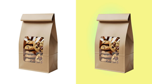 Brown paper stand-up pouch bag with a transparent window filled with chocolate chip cookies, isolated on a white background, for food packaging isolated on a transparent background