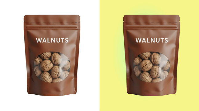 Brown stand-up pouch bag with a transparent window filled with whole walnuts, isolated on a white background, for product, packaging mockup isolated on a transparent background