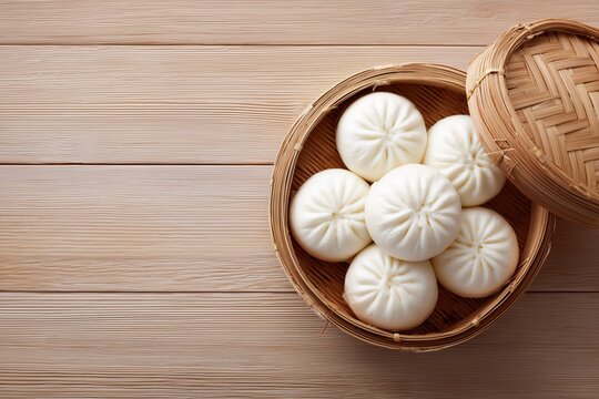 steamed bao buns in a bamboo basket