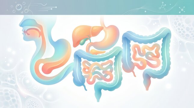 Human digestive system diagram with organs in pastel colors