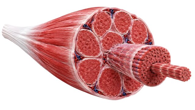 Normal Skeletal Muscle Anatomy with Fascicles, Muscle Fibers and Myofibrils, 3D Medical Illustration