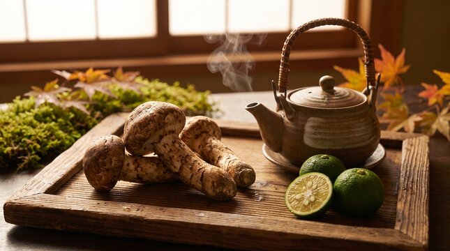 木の器に盛られた新鮮な松茸と土瓶蒸しの高級和食背景