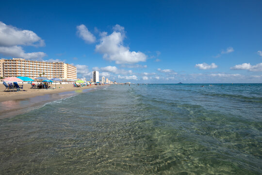 The idyllic beach at La Manga del Mar Menor, Cartagena, Region of Murcia, Spain, in summer