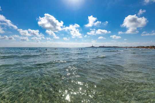 The idyllic beach at La Manga del Mar Menor, Cartagena, Region of Murcia, Spain, in summer