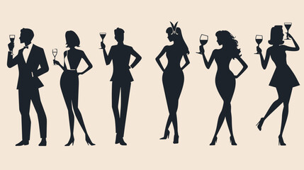 Fototapeta premium Group Of Stylish Silhouettes Holding Cocktail Glasses In A Studio Setting