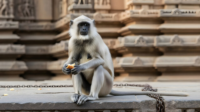 Gray Langur Monkey Eating Food Outside an Ancient Hindu Temple Structure in India Featuring Intricate Stone Carvings and Architectural Detail
