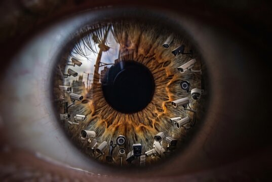 Extreme macro of human eye with surveillance security cameras arranged inside the iris and city reflection in pupil, mass surveillance and privacy concept