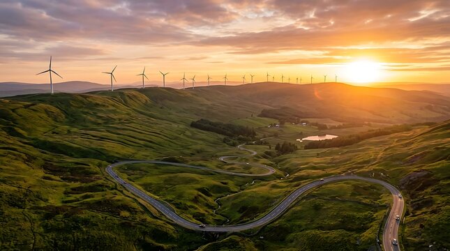 Wind turbine farm on green hills with a winding road at sunset aerial landscape photography view