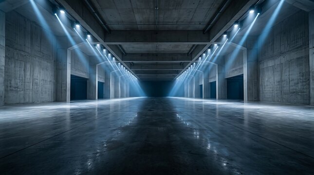 Empty industrial warehouse interior with concrete walls and bright overhead spotlights creating dramatic light beams and shadows