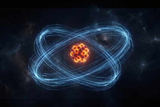 Glowing atom nucleus with protons and neutrons surrounded by blue electron orbit trails in space, atomic physics and nuclear science concept