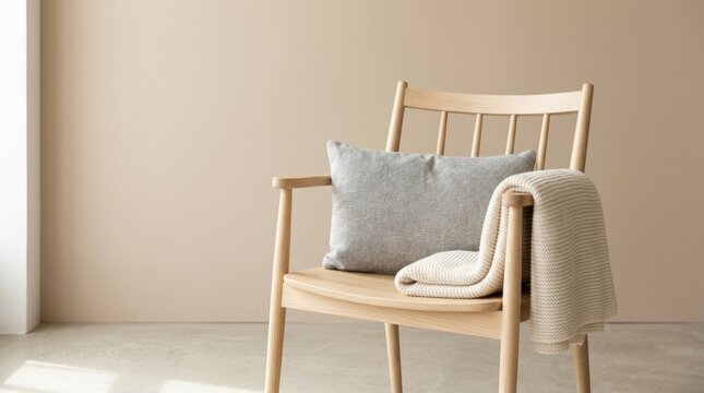 Lumbar pillow and folded knit blanket on wooden chair in minimalist interior