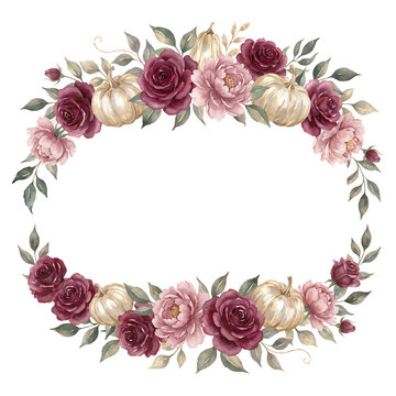 Suggested Title
Elegant watercolor autumn oval frame with burgundy roses, blush pink peonies, gold pumpkins, and foliage, floral border with copy space on paper texture, isolated illustration