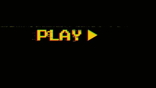 Retro video game play button with digital glitch effect on black screen