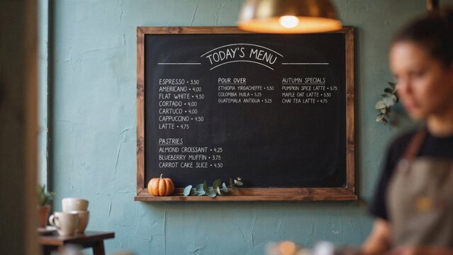 Handwritten chalkboard menu board with seasonal coffee specials with accented small pumpkin eucalyptus leaves listing coffee pastries framed chalkboard