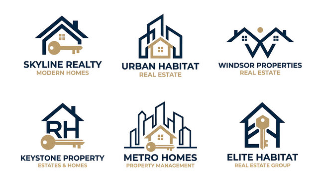 Six distinct real estate company logos featuring houses, buildings, and keys in a consistent blue and gold color palette, showcasing various property-related branding.