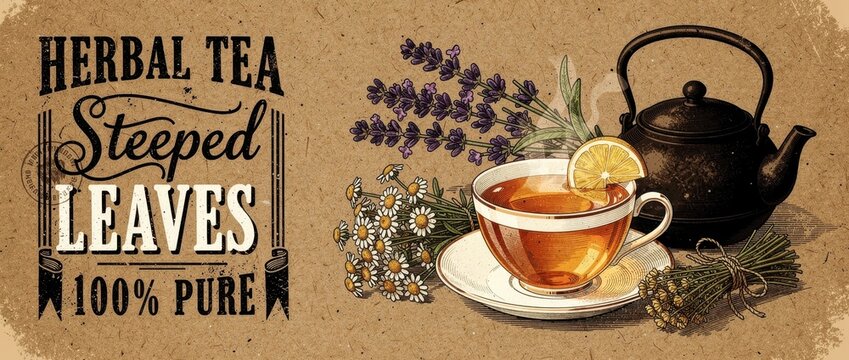 Vintage herbal tea illustration with teapot and flowers. Retro botanical design with lavender and chamomile. Wellness concept, ideal for organic packaging and caf&eacute; branding.