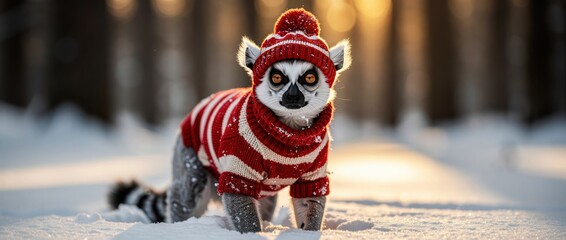 Fototapeta premium Cute ring-tailed lemur wearing a red striped sweater and hat in snow. Funny lemur in warm knitwear standing in a sunny winter forest. Humorous animal fashion concept for holiday cards and seasonal.