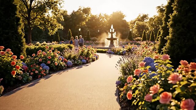 Stone path leading through a colorful flower garden.