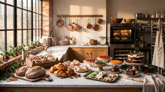 Festive holiday bakery kitchen counter with fresh pastries and baked treats&mdash;featuring a wide marble island display filled with golden croissants, artisanal sourdough bread loaves, cinnamon rolls, Chri