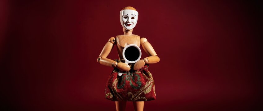 Wooden mannequin wearing a mask holding a magnifying glass on red background. Artistic figure in patterned skirt investigating hidden details. Concept of mystery and identity for creative media.