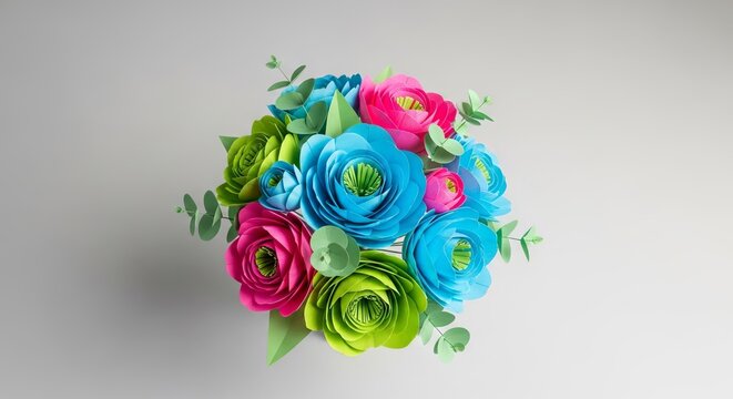 A vibrant handmade origami bouquet featuring meticulously folded paper peonies and eucalyptus sprigs in neon pink, cyan, and lime green, spring, gift, flowers