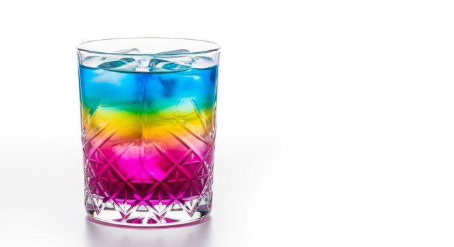 A vibrant multi-layered liqueur cocktail with magenta, yellow, and blue gradients in a crystal glass with ice cubes on white background, luxury, carbonated, layers