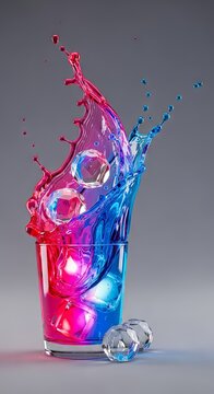 A vibrant neon cocktail in a glass features a high-speed splash of glowing pink and blue liquid with geometric ice cubes on gray background, pink, studio, electric
