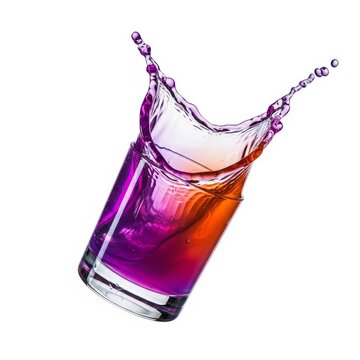 A vibrant purple and orange cocktail glass floats in mid-air with an explosive, artistic splash of liquid against a clean white background, design, liquid, wave