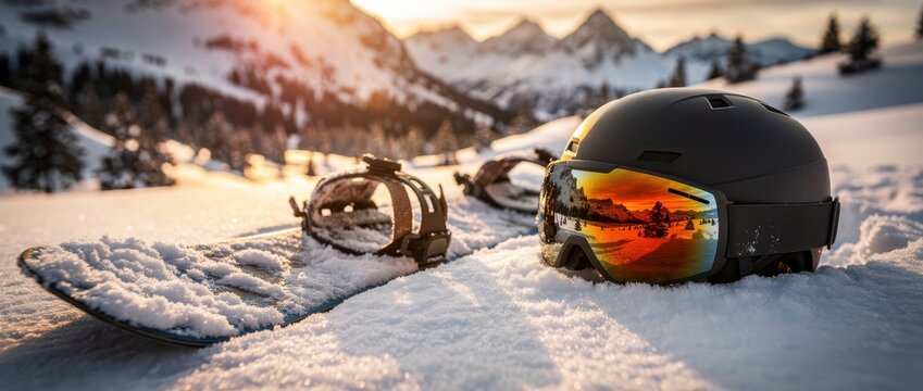 Snowboard and black helmet with reflective goggles on a snowy mountain. Gear rests on slope with alpine peaks and sunset light. Winter sports concept, ideal for ski resort and adventure marketing.
