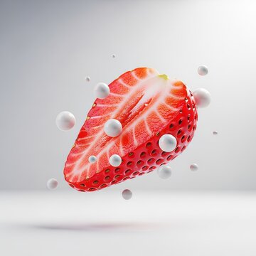 A vibrant red strawberry slice floats in mid-air, its glossy surface reflecting pink hues while white cream droplets scatter around it, sweet, creative, droplet