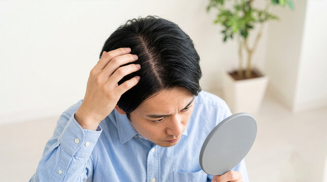 Young man looking at his scalp in the mirror for hair loss
