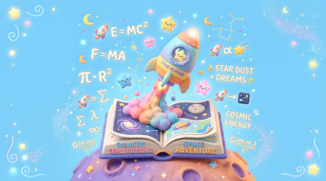 A whimsical illustration of a rocket launching from an open book, surrounded by scientific formulas, stars, and cosmic elements, symbolizing imagination and discovery.