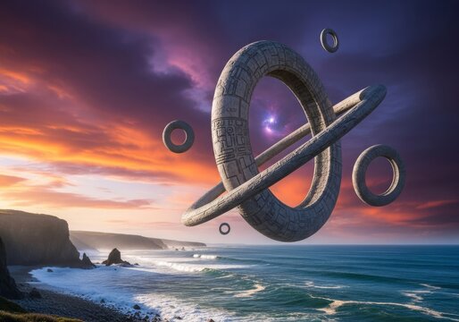 A wide panoramic view of a rugged coastline where massive stone rings float silently above the ocean waves under a dramatic fantasy sky, view, cinematic, floating