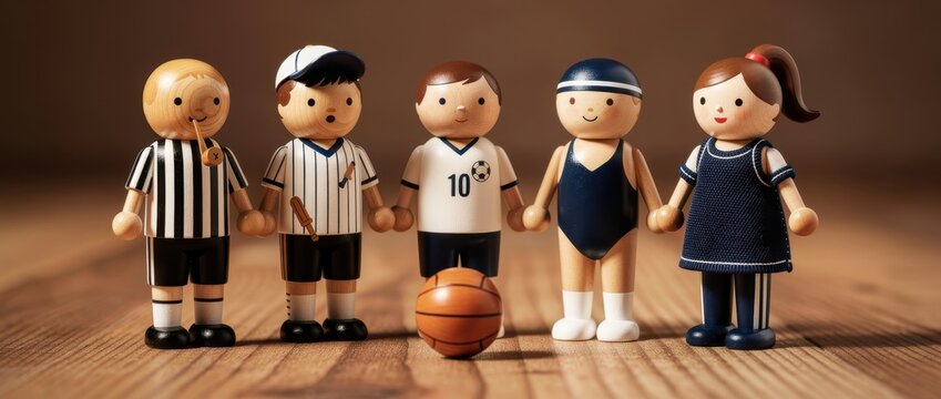 Diverse wooden toy athletes holding hands in a row. Figurines represent various sports including soccer, baseball, swimming, and tennis. Teamwork and unity concept, ideal for sports education.