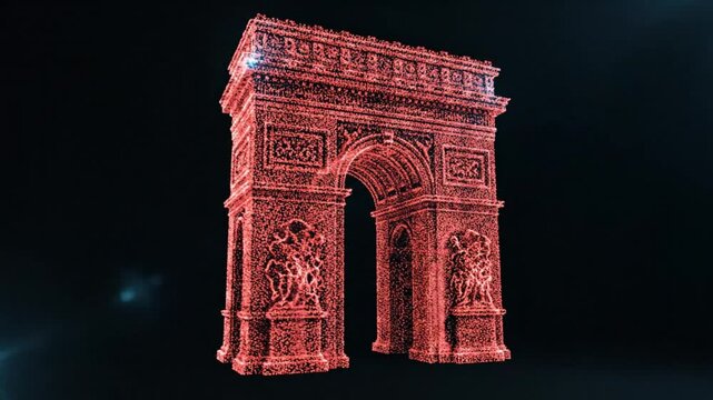 Red Arc de Triomphe 3D Rendered with Particle Effects Against a Dark Backdrop