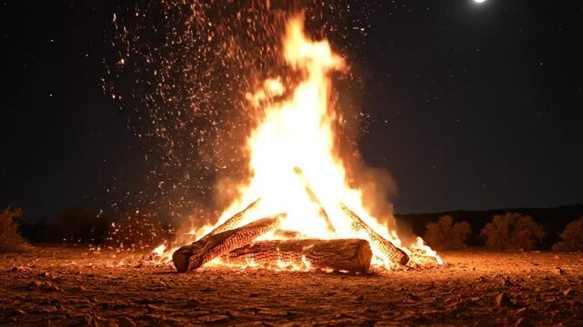 Large bonfire burns brightly at night under a starlit sky with moon, sparks and flames
