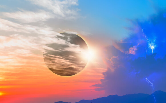 Beauty sunset over the sea with lightning - Beautiful landscape with solar eclipse