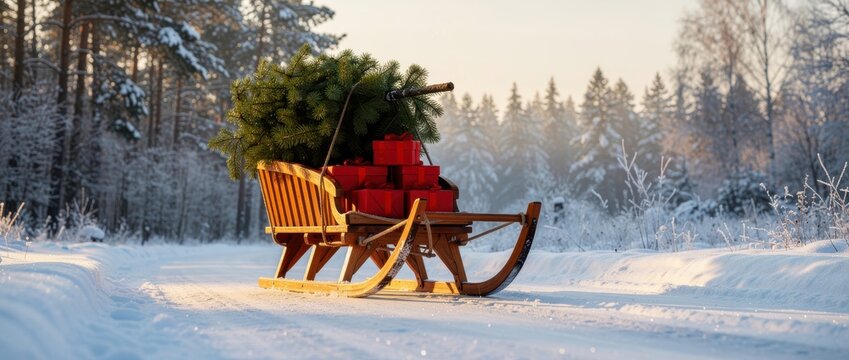 Wooden sleigh carrying Christmas tree and red gifts on snowy forest path. Traditional winter scene with festive presents in sunny woodland. Holiday delivery concept for seasonal marketing.