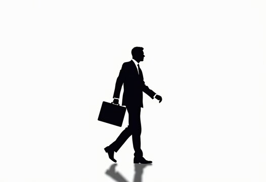Silhouette of businessman walking with briefcase on white background