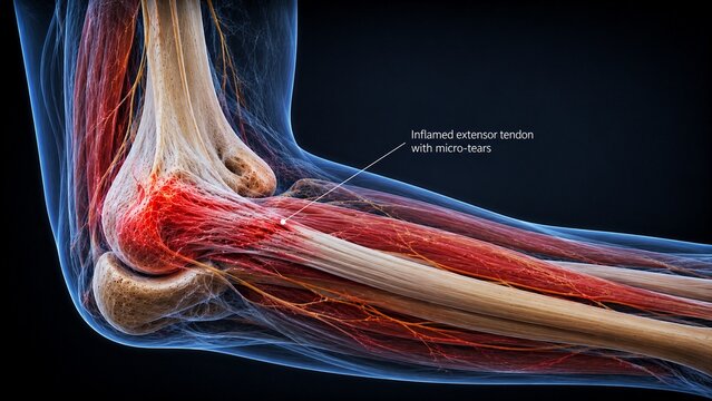 3D Medical Illustration of Tennis Elbow Showing Inflamed Extensor Tendon and Micro-Tears in Human Elbow Joint