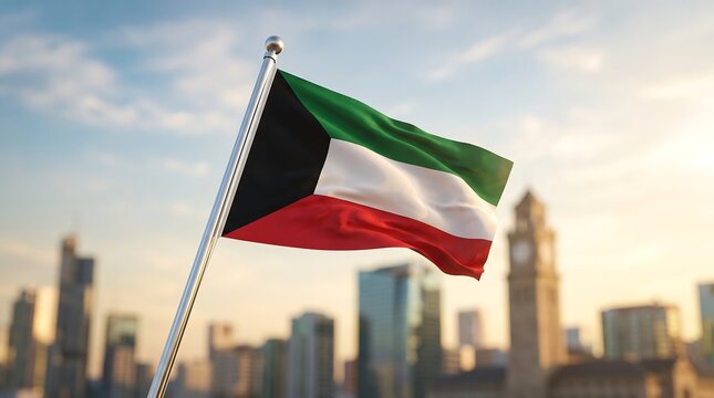 Kuwaiti national flag waving on a metallic pole with a blurry sunset cityscape background
