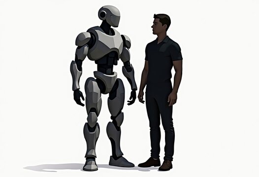 Man stands beside robot in futuristic scene