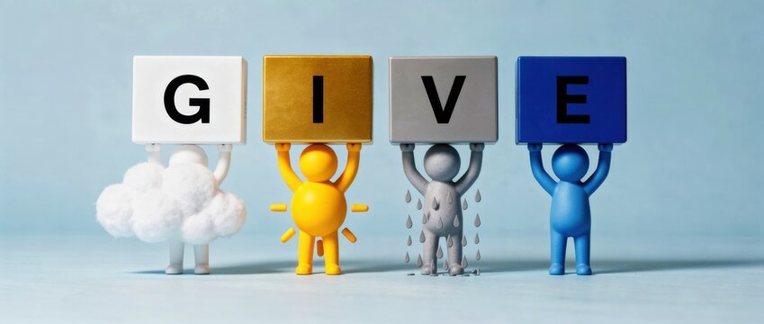 Four stylized figures holding blocks spelling the word GIVE against a blue background. Figures represent weather elements like sun, rain, and clouds. Charity and social support concept for campaigns.
